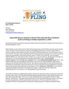 Naperville Jaycees Announce Cheap Trick and Lucky Boys Confusion at the Last Fling on Sunday September 2, 2018