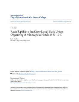 Black Union Organizing in Minneapolis Hotels 1930-1940 Luke Mielke Macalester College, Lmielke7@Gmail.Com