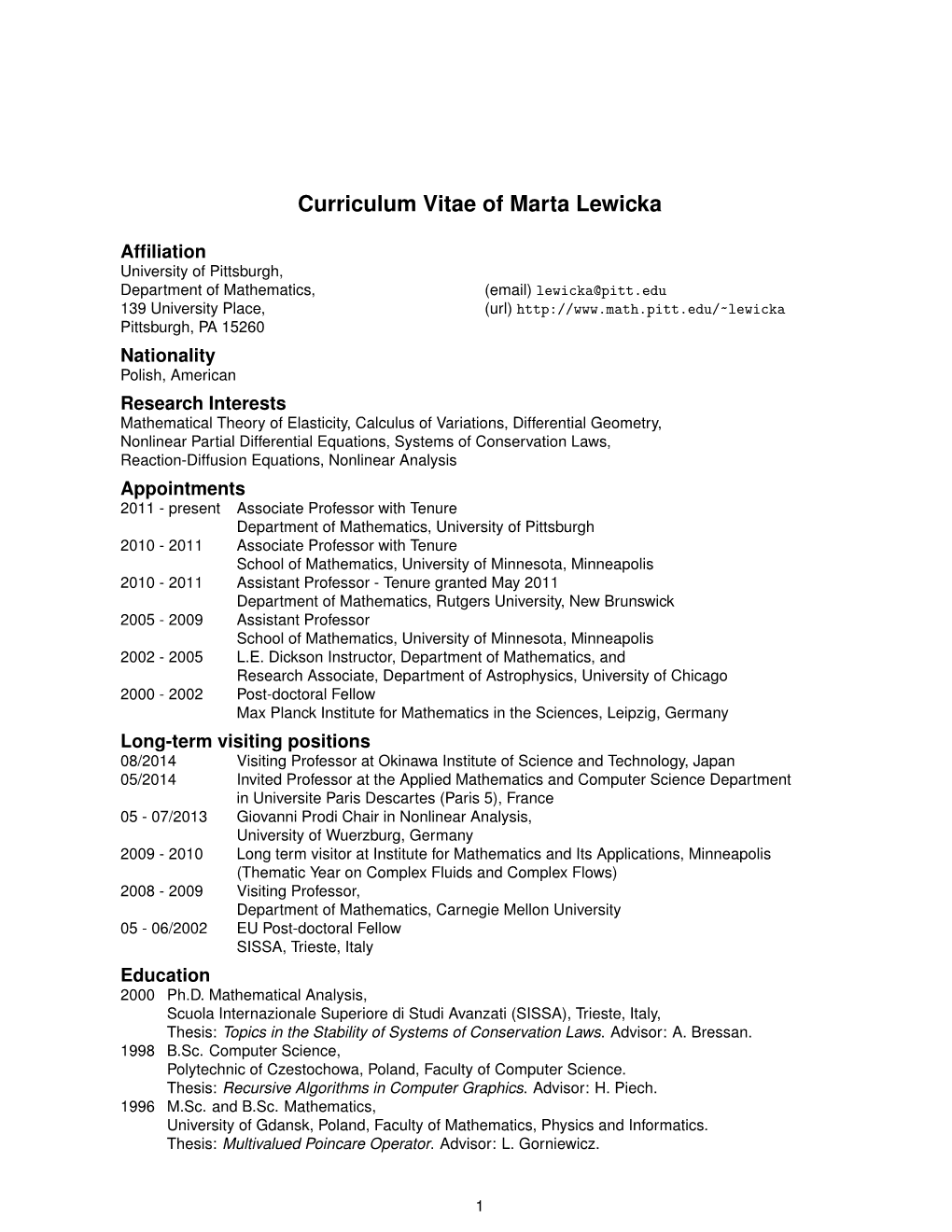 Curriculum Vitae of Marta Lewicka