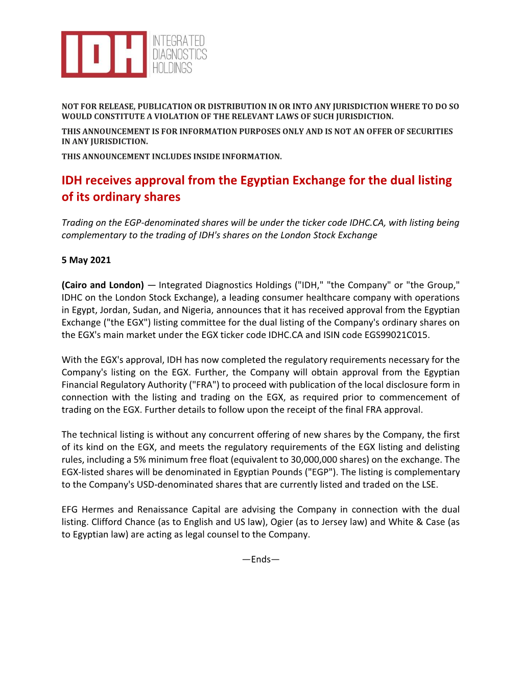 IDH Receives Approval from the Egyptian Exchange for the Dual Listing of Its Ordinary Shares