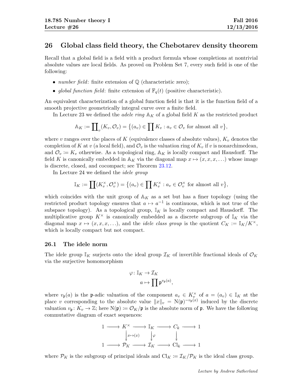 26 Global Class Field Theory, the Chebotarev Density Theorem