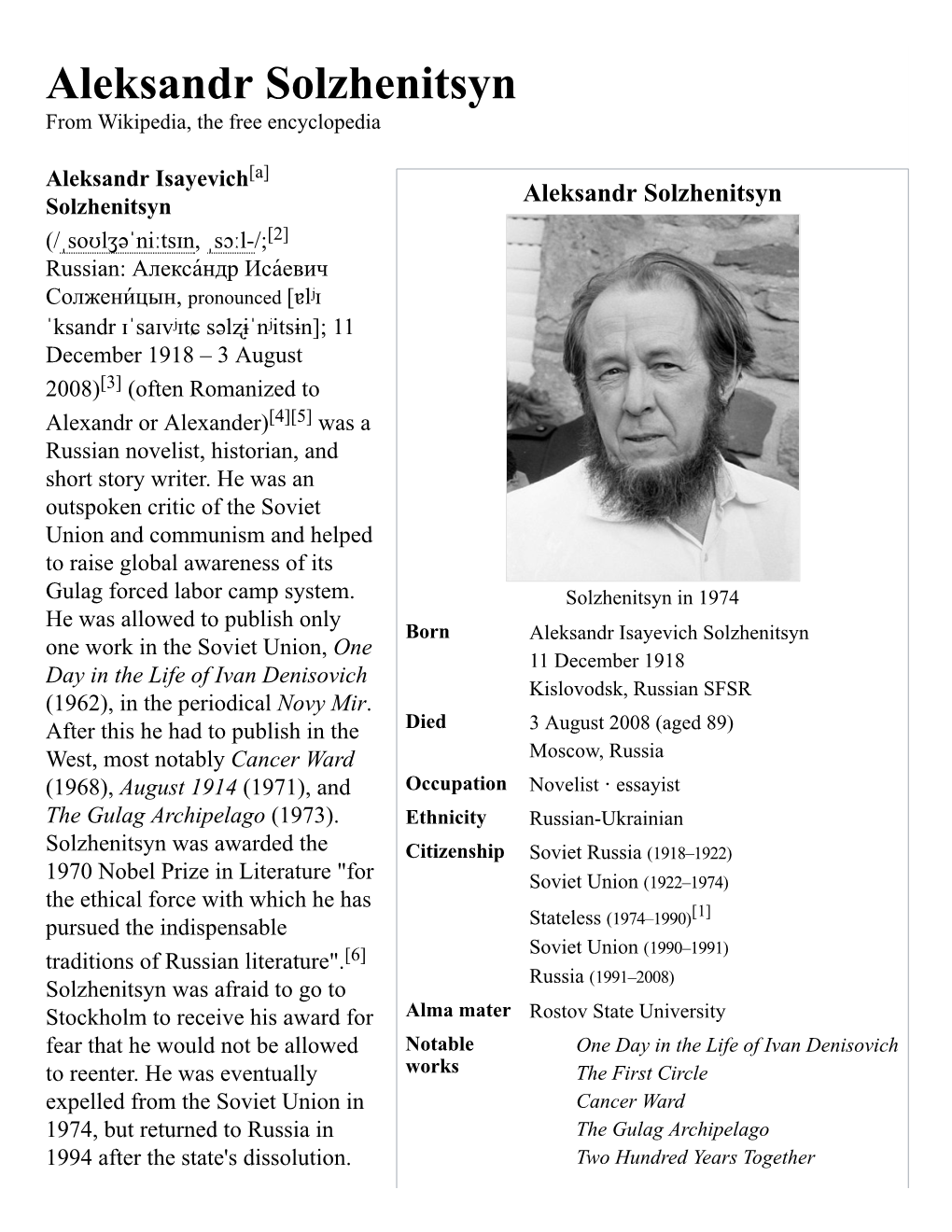 Aleksandr Solzhenitsyn from Wikipedia, the Free Encyclopedia