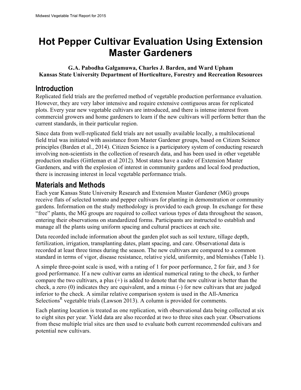 Hot Pepper Cultivar Evaluation Using Extension Master Gardeners G.A