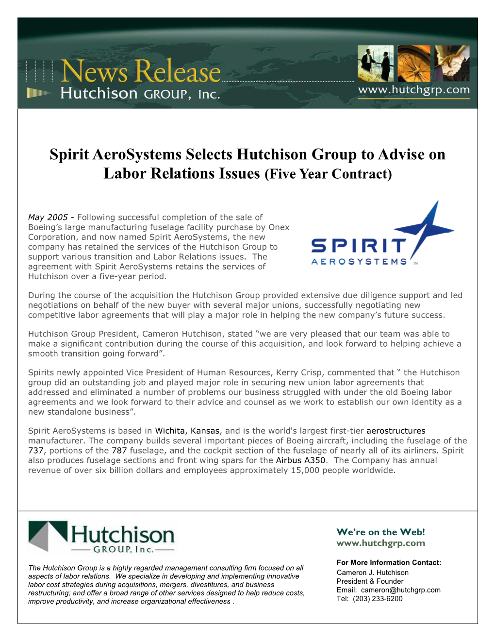 Spirit Aerosystems Selects Hutchison Group to Advise on Labor Relations Issues (Five Year Contract)