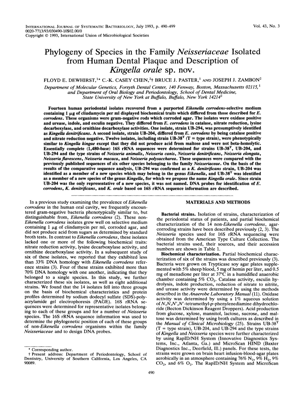 Phylogeny of Species in the Family Neisseriaceae Isolated from Human Dental Plaque and Description of Kingella Orale Sp