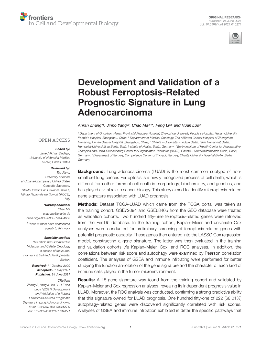 Development and Validation of a Robust Ferroptosis-Related Prognostic Signature in Lung Adenocarcinoma