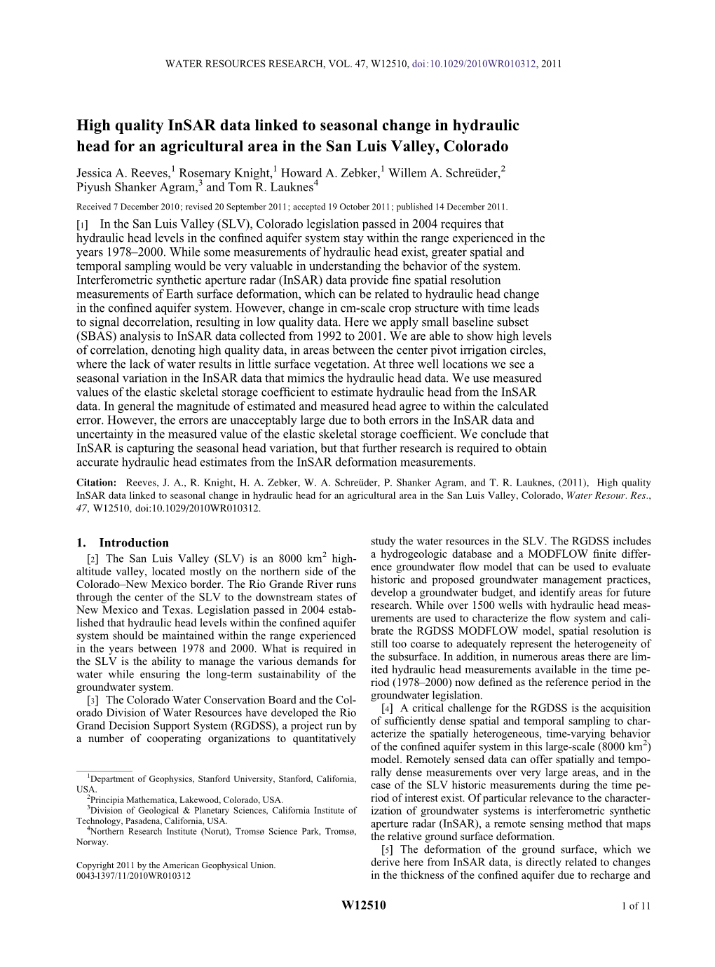 High Quality Insar Data Linked to Seasonal Change in Hydraulic Head for an Agricultural Area in the San Luis Valley, Colorado Jessica A