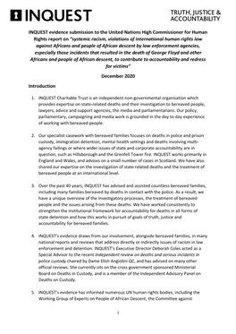 INQUEST Evidence Submission to the United Nations High Commissioner for Human Rights Report on “Systemic Racism, Violations Of