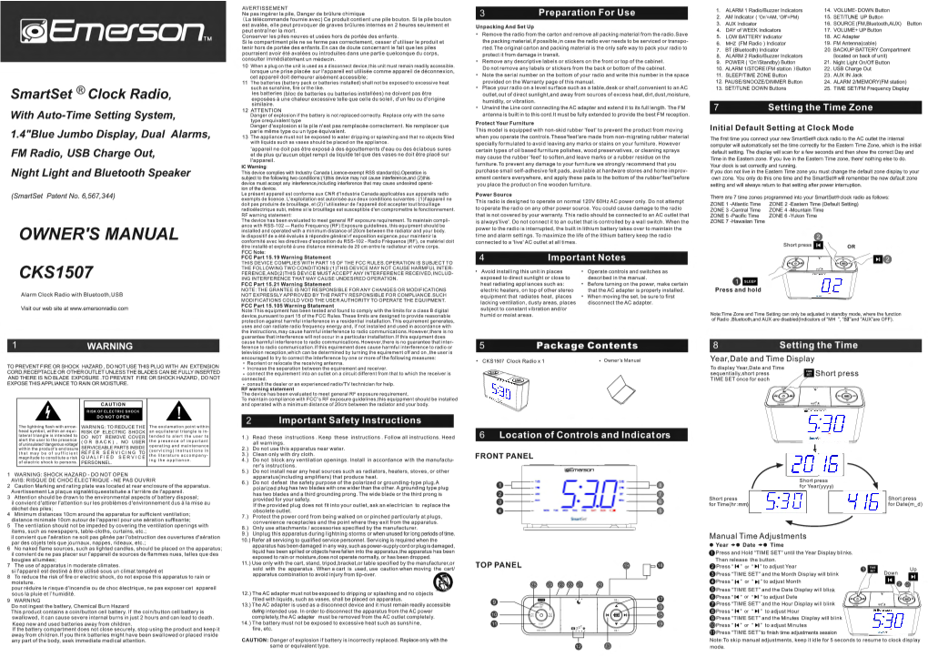Emerson Alarm Clock User Manual [CKS1507 W/ Radio]