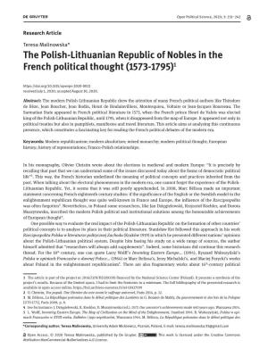 The Polish-Lithuanian Republic of Nobles in the French Political Thought (1573-1795)1