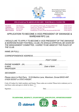 APPLICATION to BECOME a VICE-PRESIDENT of SWANAGE & WAREHAM RFC Ltd