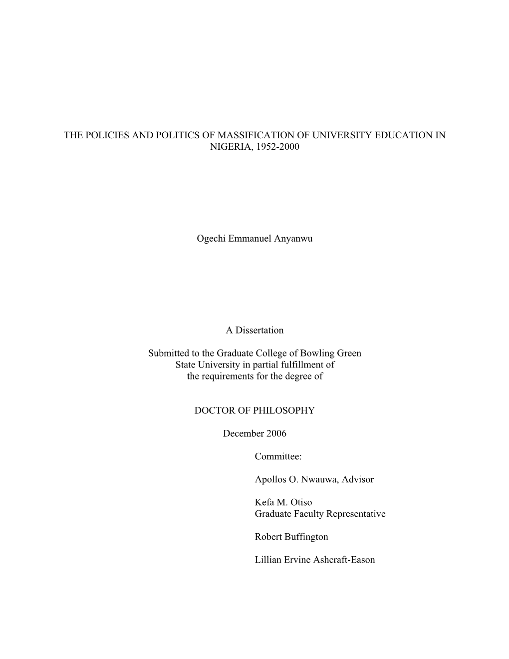 The Policies and Politics of Massification of University Education in Nigeria, 1952-2000