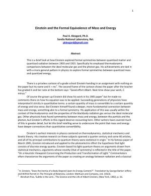 Einstein and the Formal Equivalence of Mass and Energy