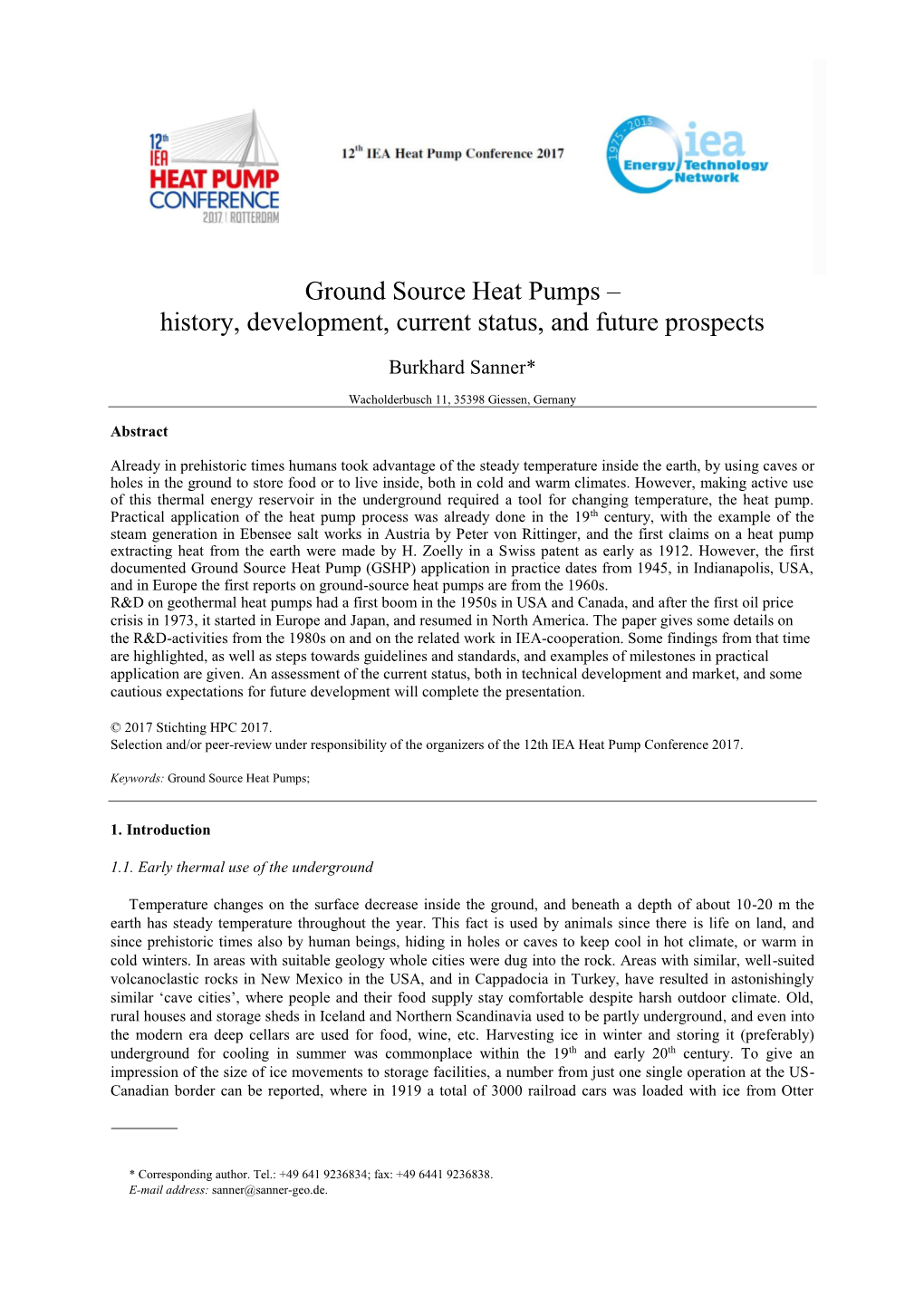 Ground Source Heat Pumps – History, Development, Current Status, and Future Prospects