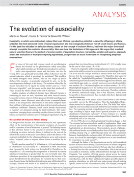 The Evolution of Eusociality