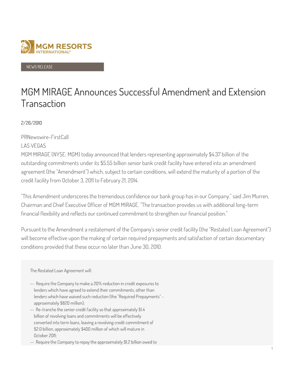 MGM MIRAGE Announces Successful Amendment and Extension Transaction