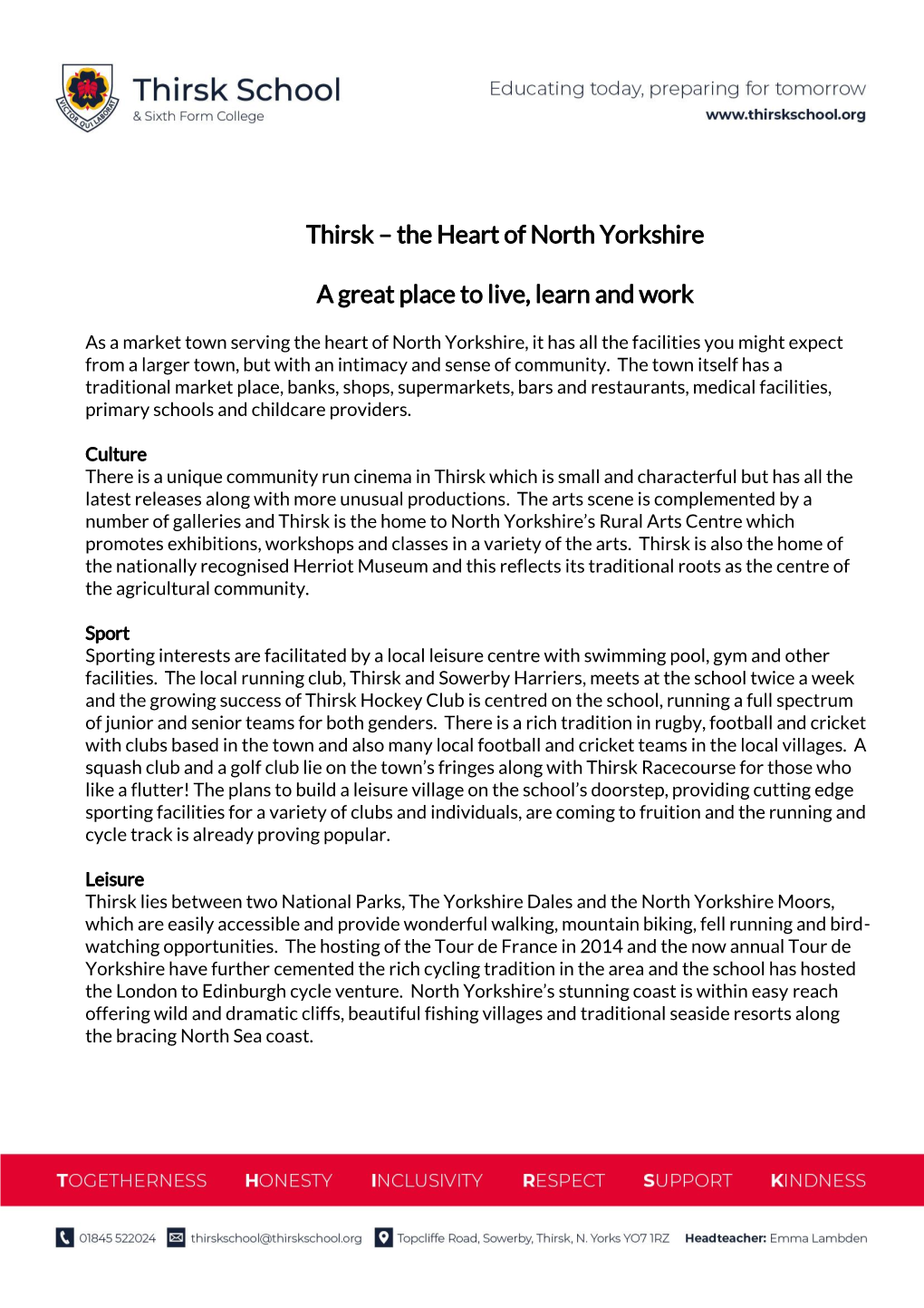 Thirsk – the Heart of North Yorkshire a Great Place to Live, Learn and Work