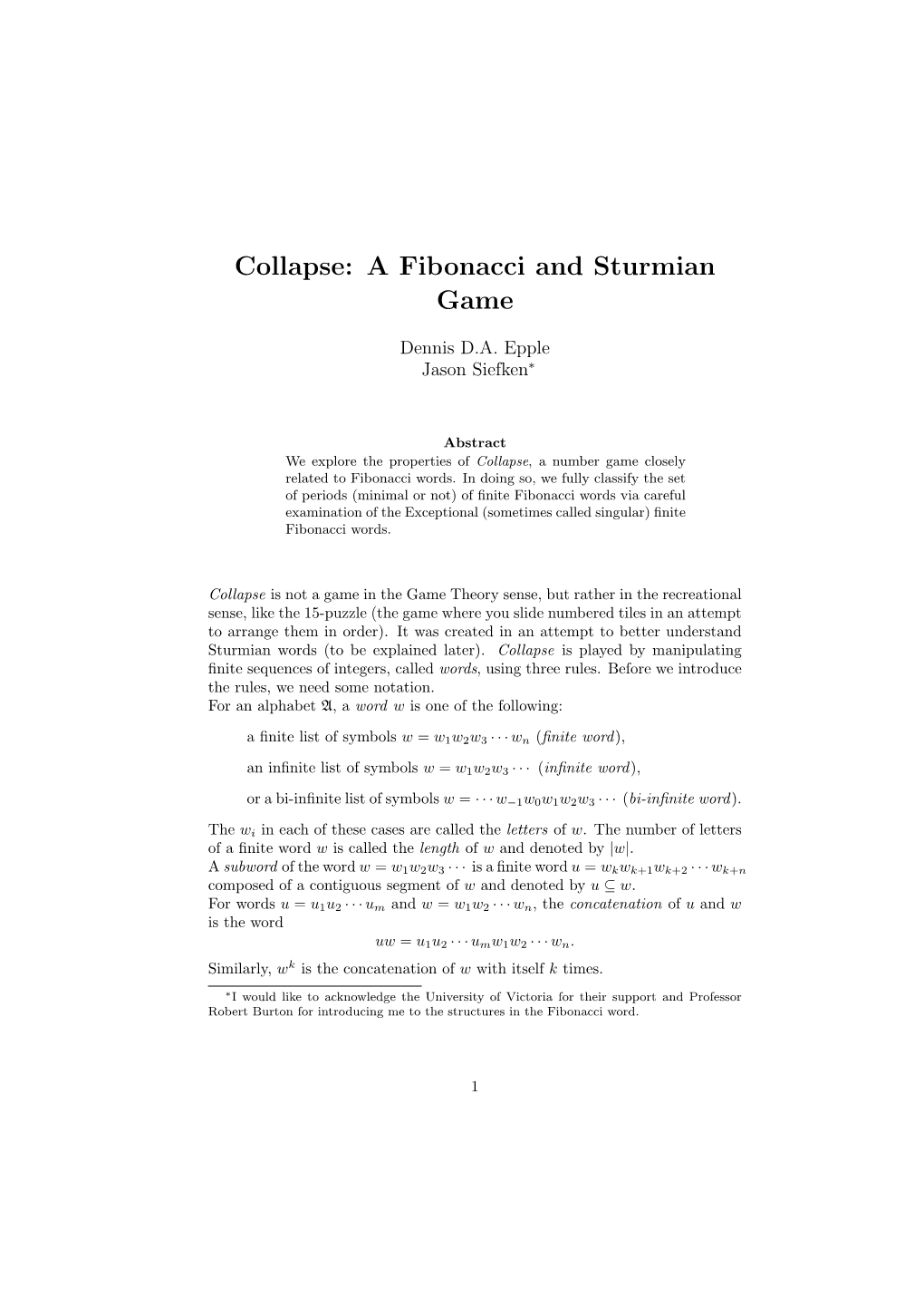 Collapse: a Fibonacci and Sturmian Game