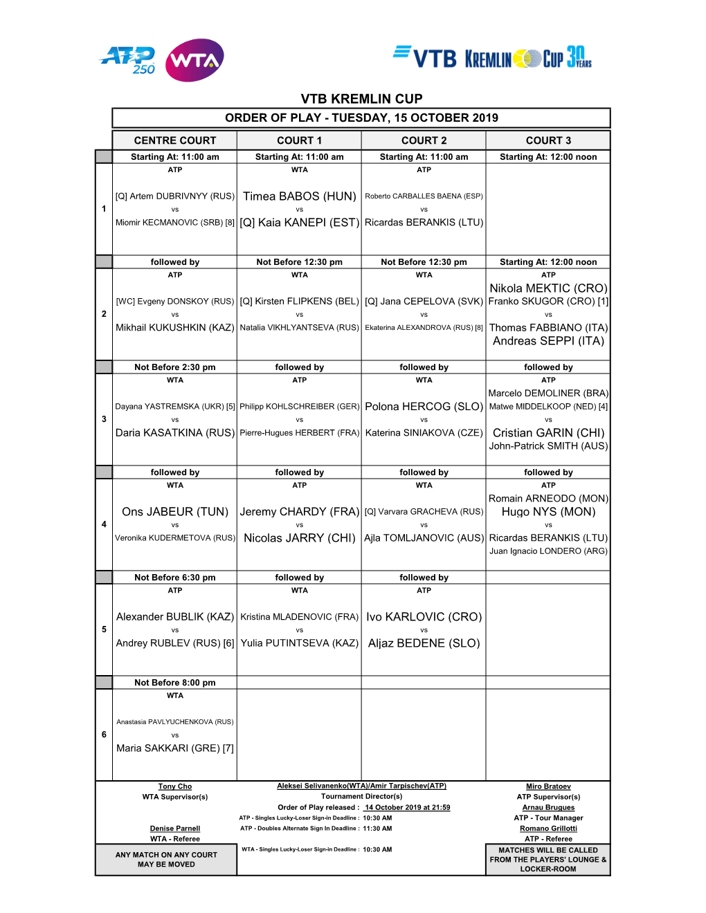 Vtb Kremlin Cup Order of Play - Tuesday, 15 October 2019