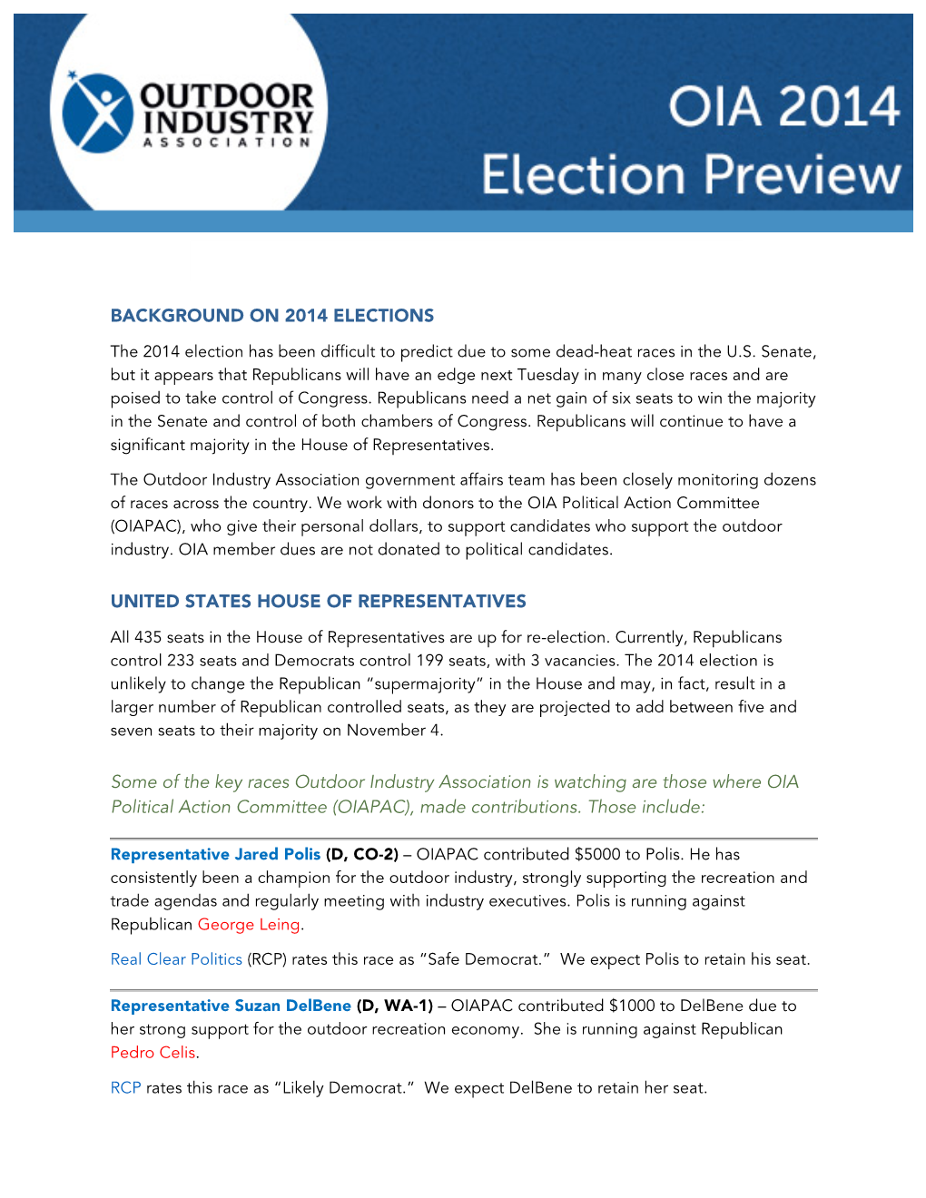 Outdoor Industry Association 2014 Election Preview