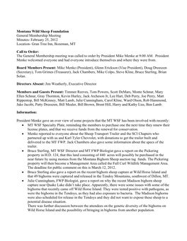 Montana Wild Sheep Foundation General Membership Meeting Minutes- February 25, 2012 Location- Gran Tree Inn, Bozeman, MT