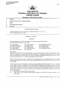THE SENATE FEDERAL REPUBLIC of NIGERIA ORDER PAPER Thursday, 14Th February, 2013 1