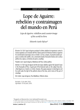 Lope De Aguirre: Rebelión Y Contraimagen Del Mundo En Perú Lope De Aguirre: Rebellion and Counter-Image of the World in Peru