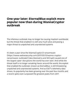 Eternalblue Exploit More Popular Now Than During Wannacryptor Outbreak