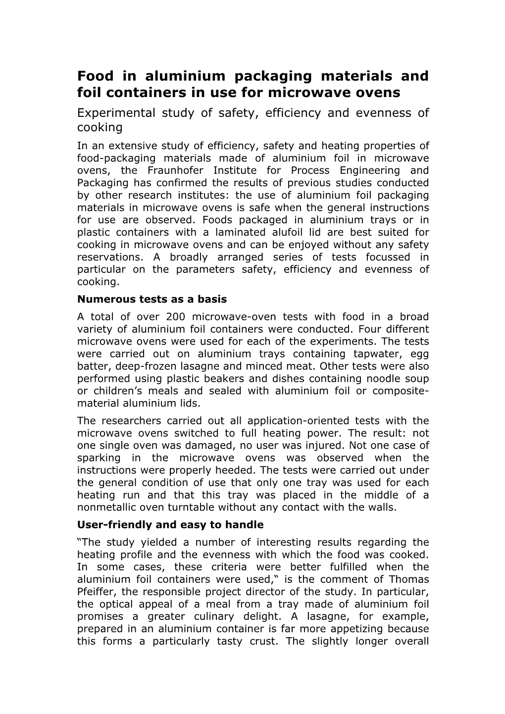 Food in Aluminium Packaging Materials and Foil Containers in Use