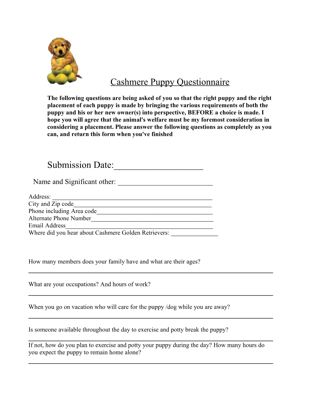 Cashmere Puppy Questionnaire