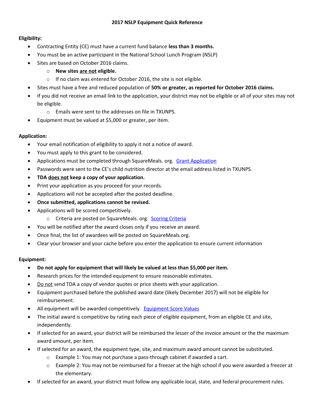 2017 NSLP Equipment Quick Reference
