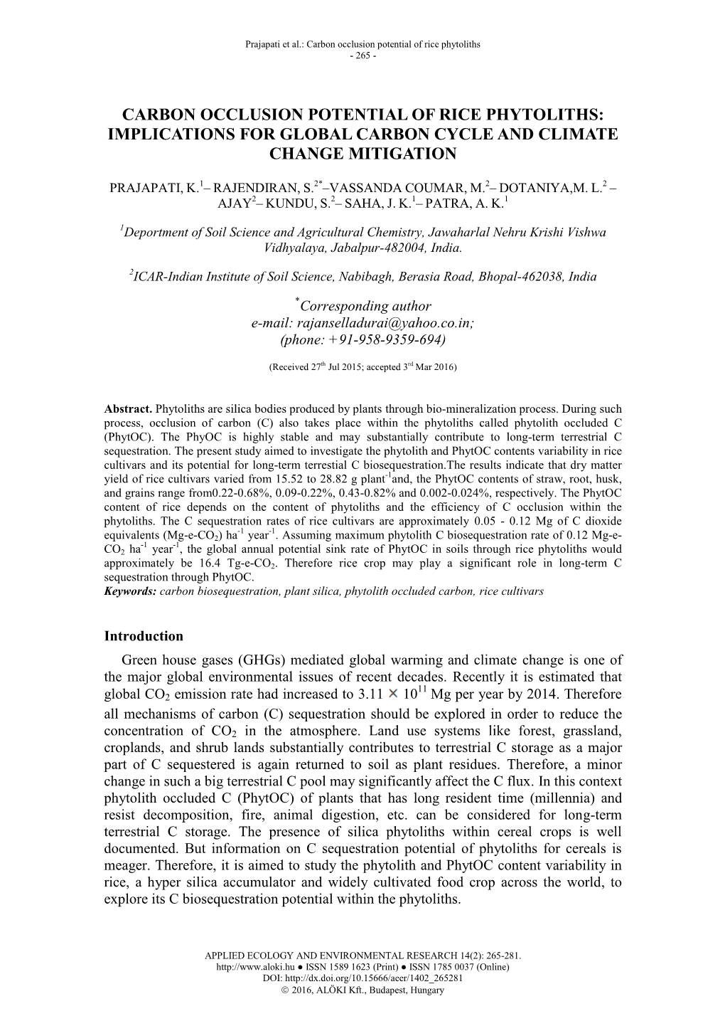 Carbon Occlusion Potential of Rice Phytoliths - 265