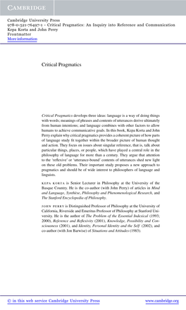 Critical Pragmatics: an Inquiry Into Reference and Communication Kepa Korta and John Perry Frontmatter More Information