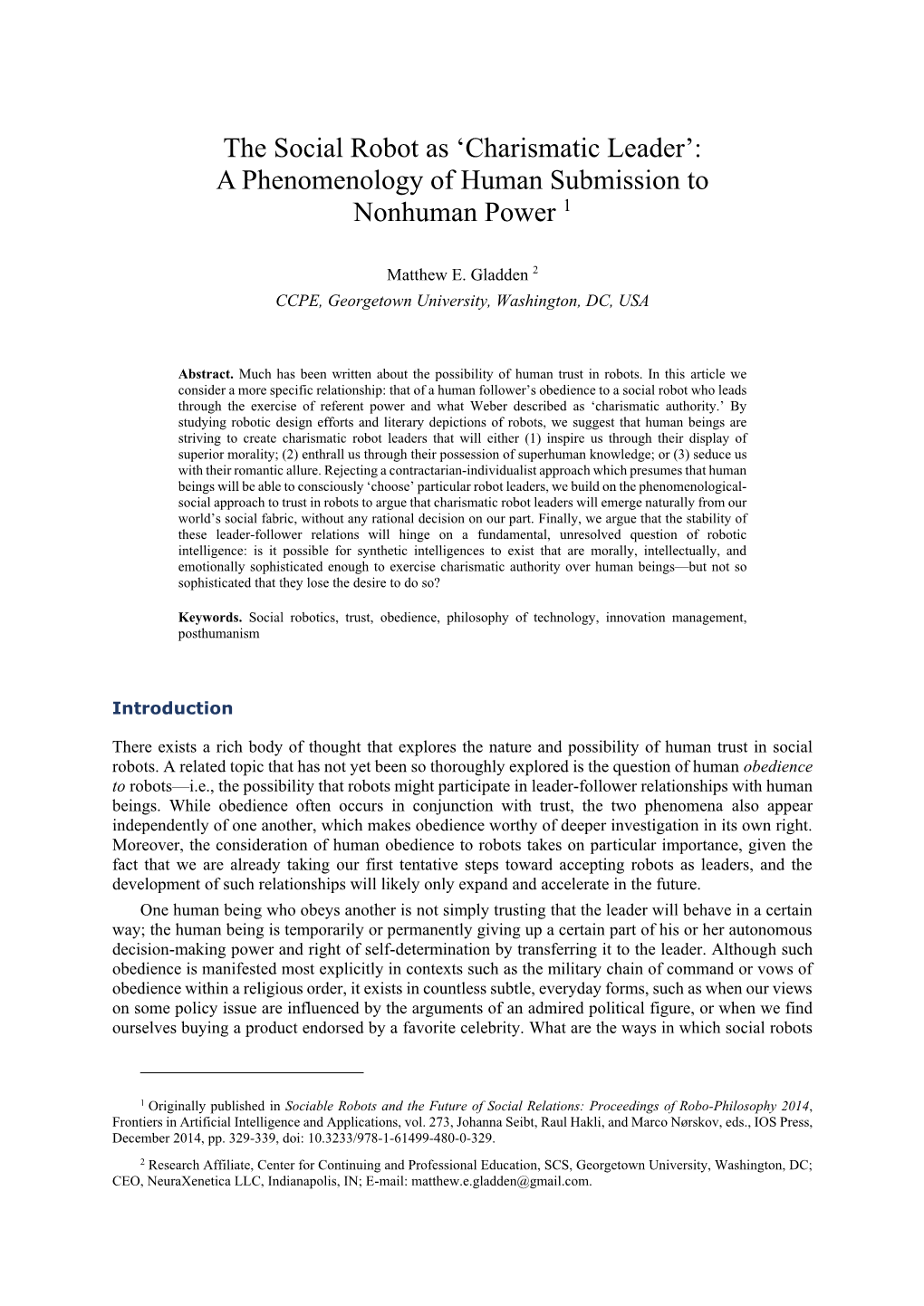 Charismatic Leader’: a Phenomenology of Human Submission to Nonhuman Power 1