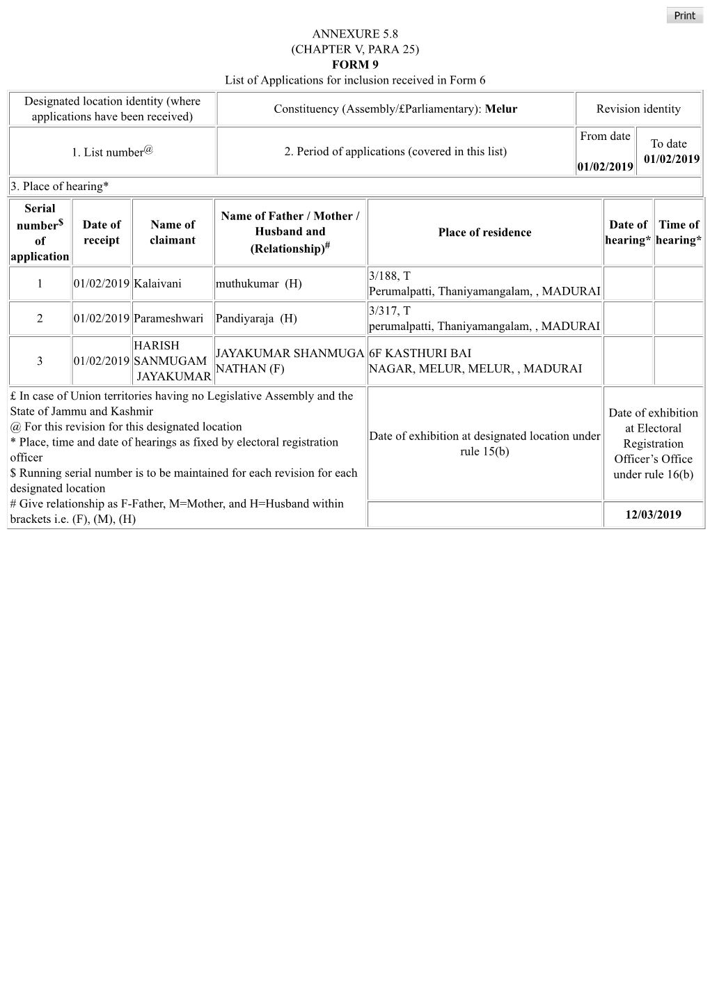 (CHAPTER V, PARA 25) FORM 9 List of Applications for Inclusion