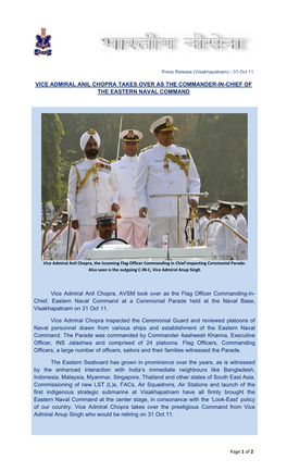 Vice Admiral Anil Chopra Takes Over As the Commander-In-Chief of the Eastern Naval Command