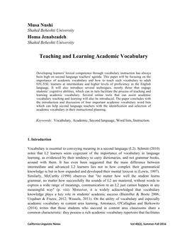 Teaching and Learning Academic Vocabulary