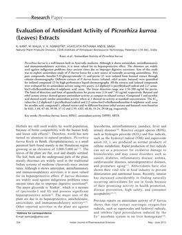 Evaluation of Antioxidant Activity of Picrorhiza Kurroa (Leaves) Extracts