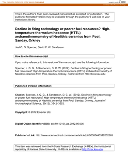 (HTTL) Archaeothermometry of Neolithic Ceramics from Pool, Sanday, Orkney