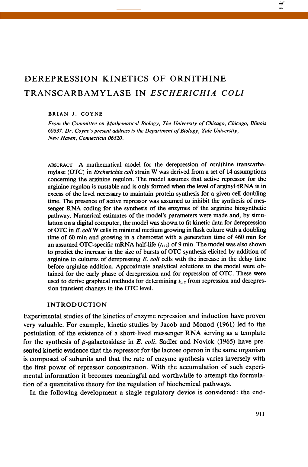 Derepression Kinetics of Ornithine Transcarbamylase in Escherichia Coli