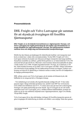 DHL Freight Och Volvo Lastvagnar Går Samman För Att Skynda På Övergången Till Fossilfria Fjärrtransporter