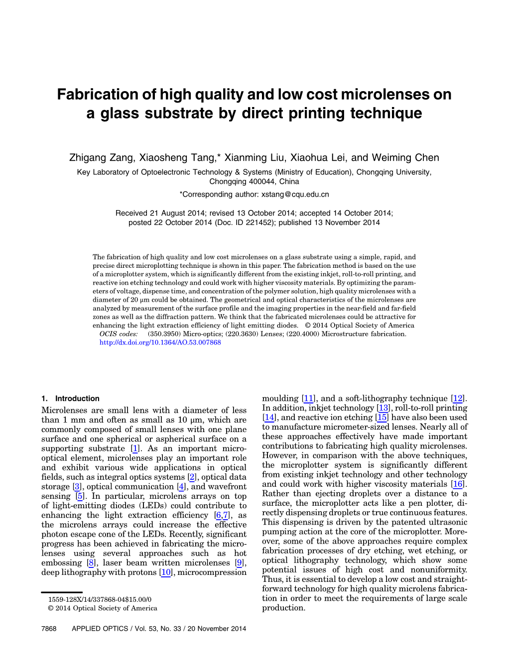 Fabrication of High Quality and Low Cost Microlenses on a Glass Substrate by Direct Printing Technique