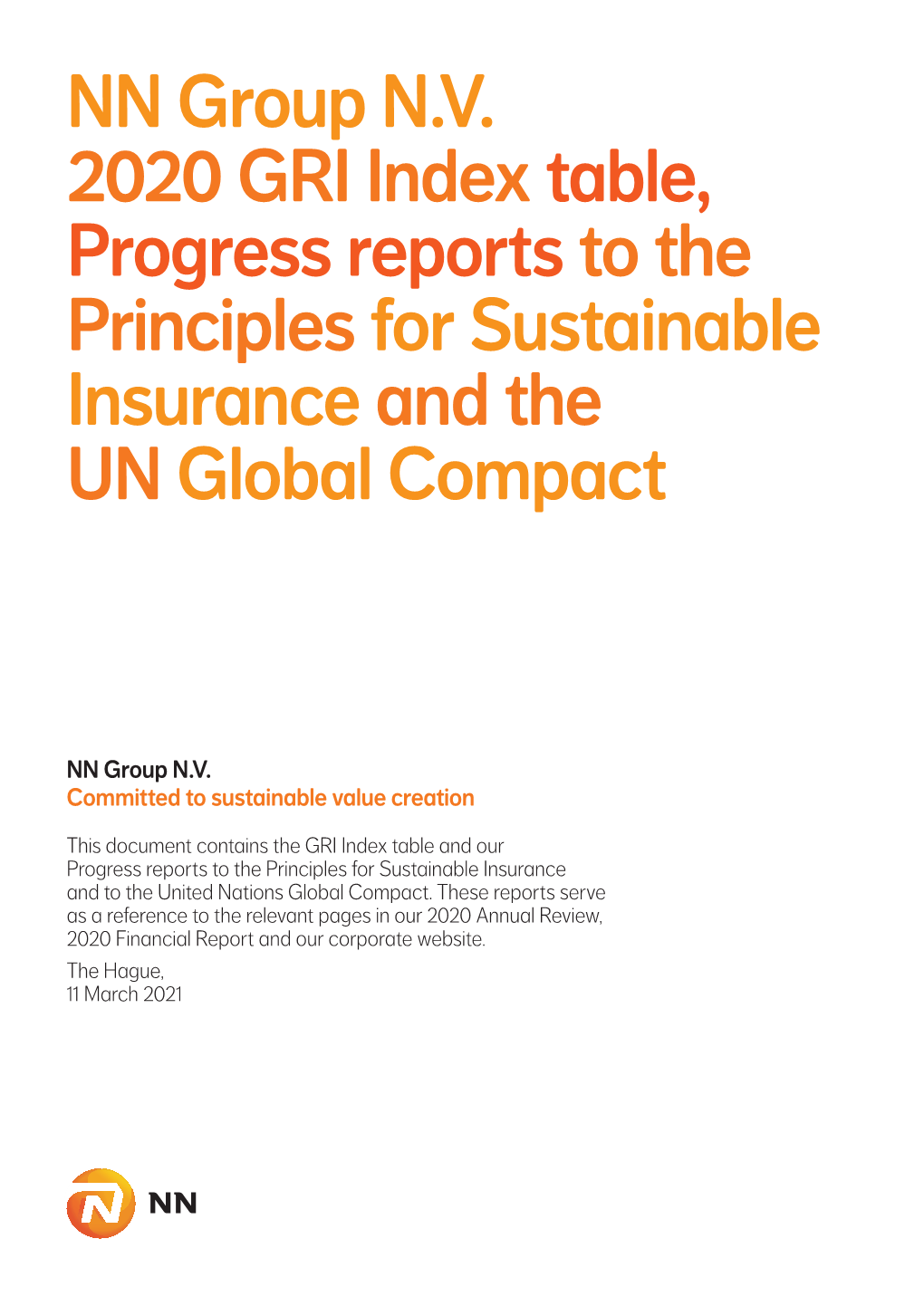 NN Group N.V. 2020 GRI Indextable, Progress Reports to the Principlesfor