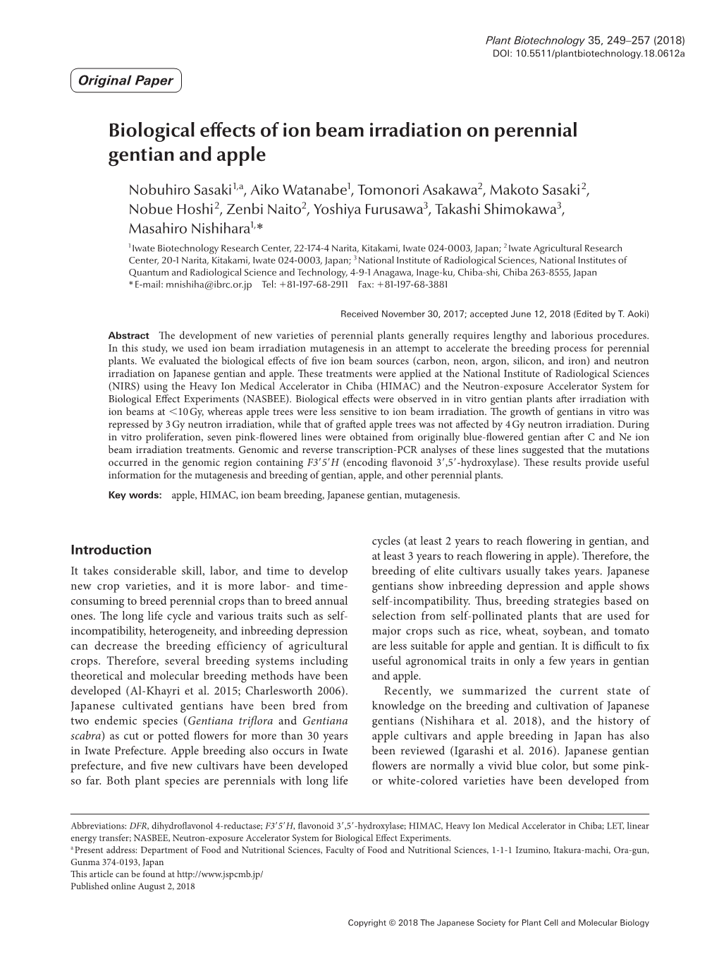 Biological Effects of Ion Beam Irradiation on Perennial Gentian and Apple