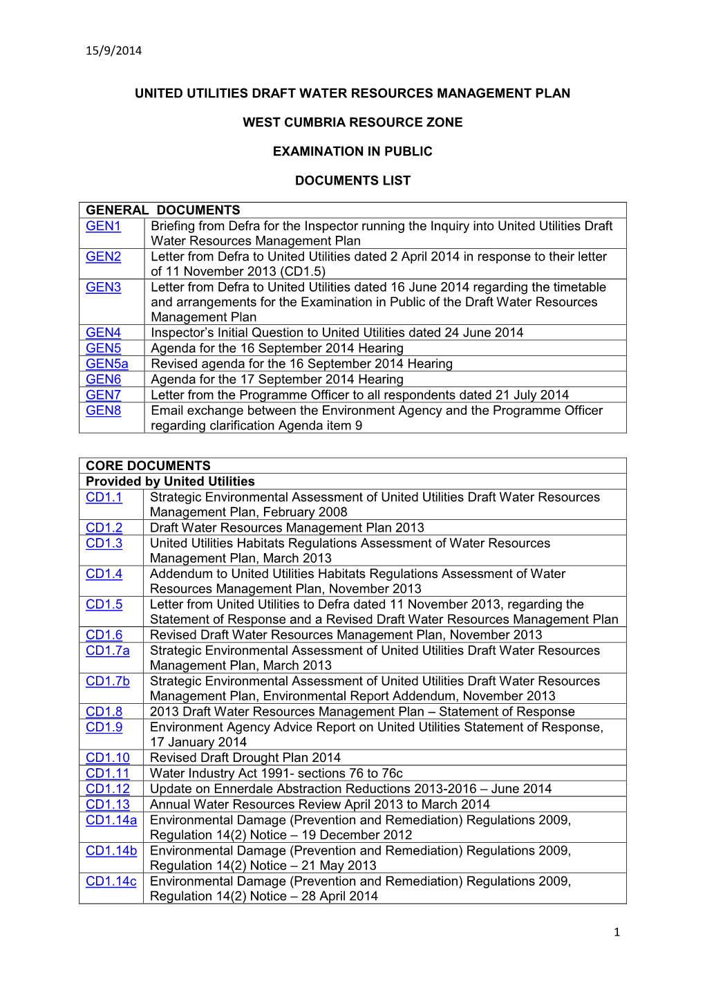 15/9/2014 1 United Utilities Draft Water Resources