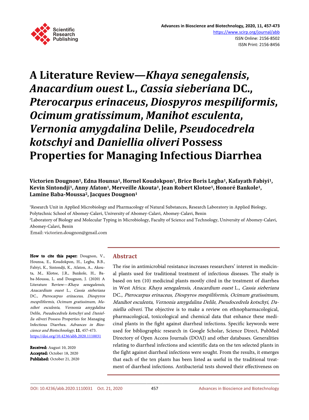 A Literature Review—Khaya Senegalensis, Anacardium Ouest L