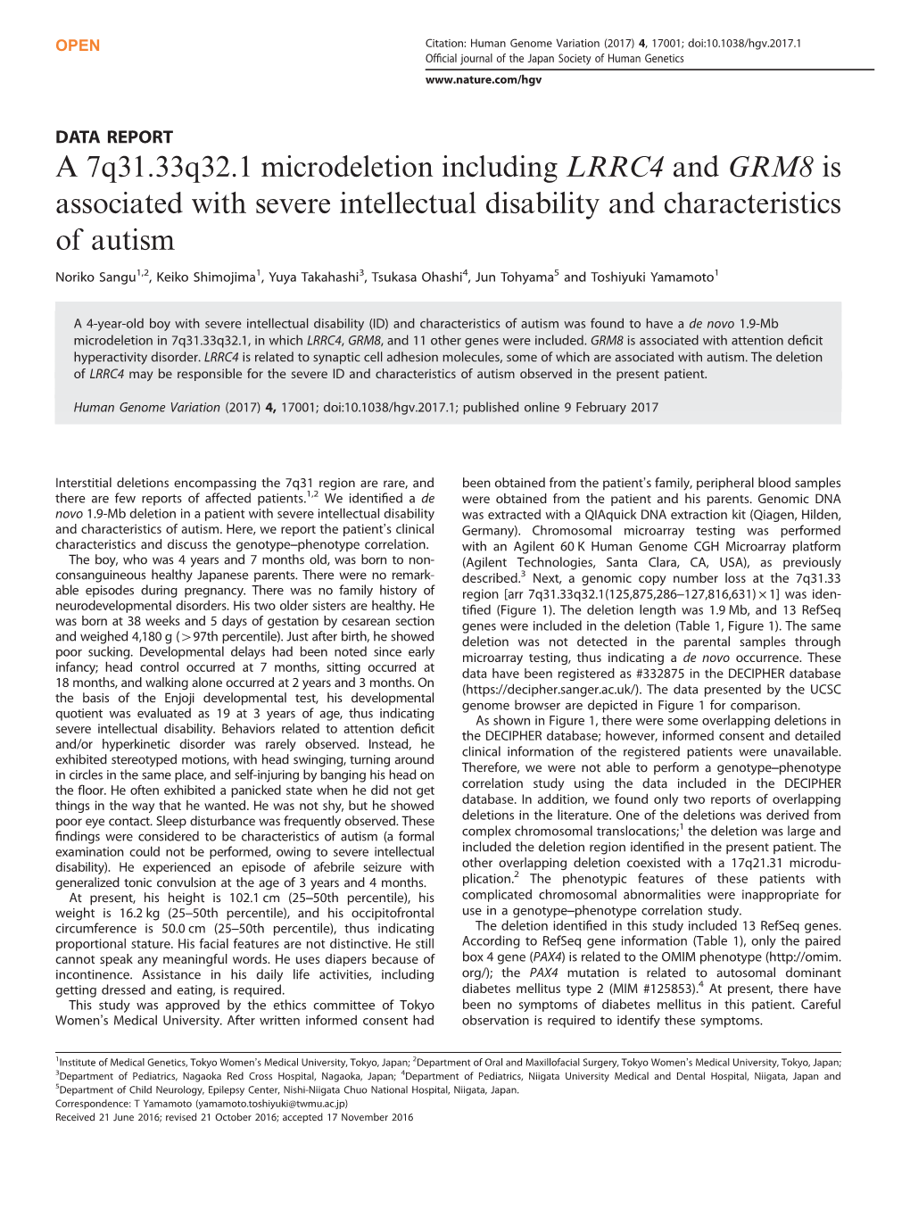 A 7Q31.33Q32.1 Microdeletion Including LRRC4 and GRM8 Is Associated with Severe Intellectual Disability and Characteristics of Autism