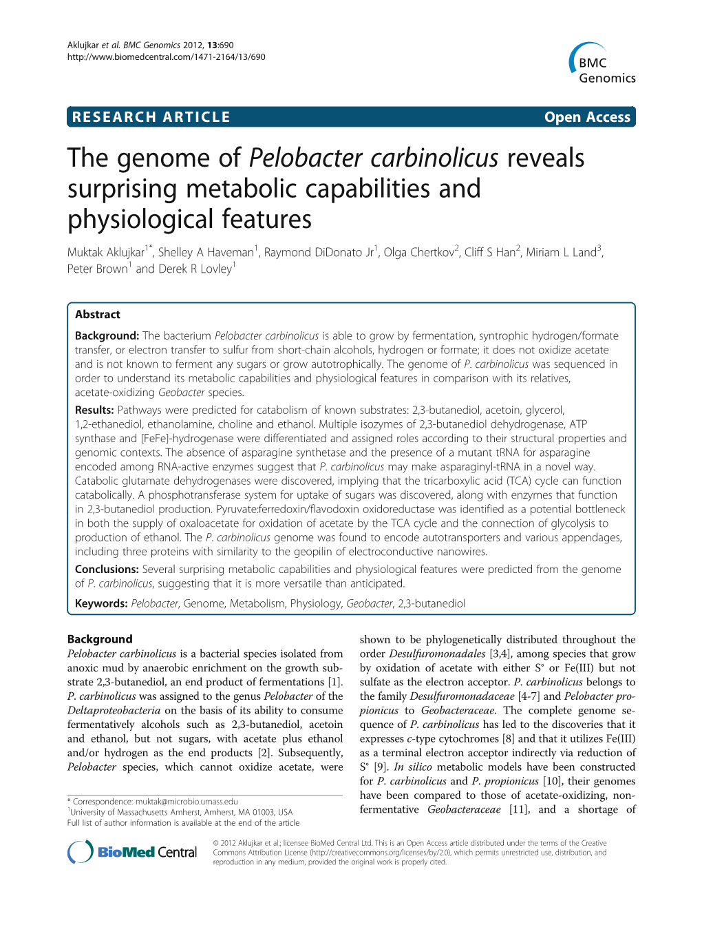 The Genome of Pelobacter Carbinolicus Reveals Surprising Metabolic Capabilities and Physiological Features