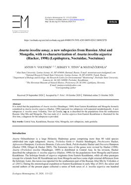 Anarta Insolita Umay, a New Subspecies from Russian Altai And