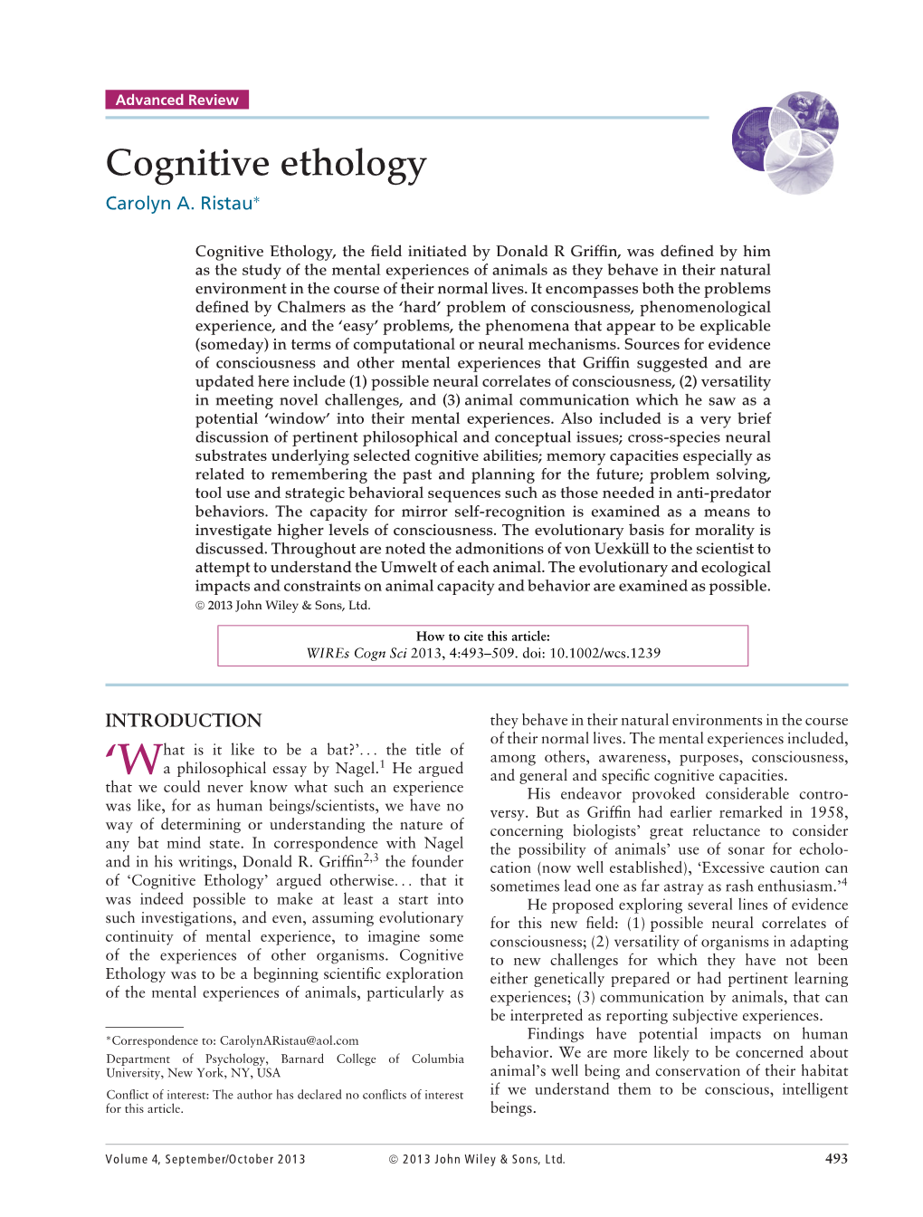 Cognitive Ethology Carolyn A